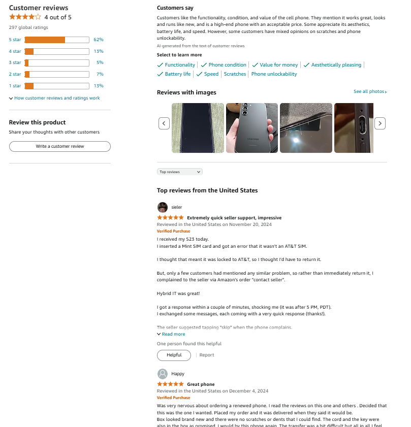 Samsung Galaxy S23 Reviews on Amazon